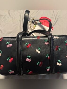 NWT Betsey Johnson Black Cherries Charm Shoulder Bag Purse Black/Red with Charm